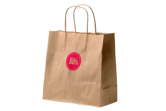 Paper shopping bag in kraft with twisted handles, glossy red circular 50% badge sticker, subtle creases and gusset folds, isolated on transparent background.