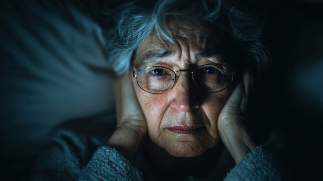 Silent night with elderly woman sitting on bed, holding head in hands, looking distressed under soft light, conveying feelings of loneliness and anxiety, reflecting deep emotions.