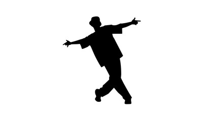 Silhouette of a person dancing with arms outstretched and finger guns