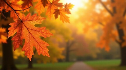 Obraz premium Autumnal Park Path A Single Vibrant Maple Leaf in Focus Against a Softly Blurred Background of Golden Fall Foliage and a Winding Pathway