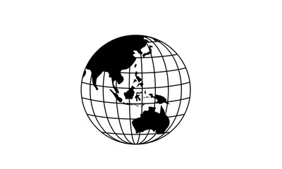 A stylized globe showing Asia and Australia with a grid overlay, symbolizing global connection and geography