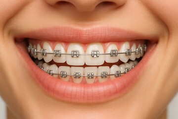 Obraz premium Close up of a woman's mouth with perfect white teeth and metal braces smiling broadly smile