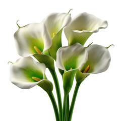 Elegant white calla lilies arrangement floral design botanical blossom art isolated on transparent background