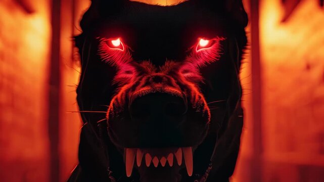 A striking image of a fierce dog with glowing red eyes, set in a dark alley. The scene captures a mysterious and intense atmosphere, highlighting the emotions and tension within.