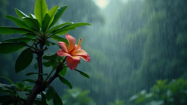 Landscape view while raining on the tree with flower Tropical tree with raining