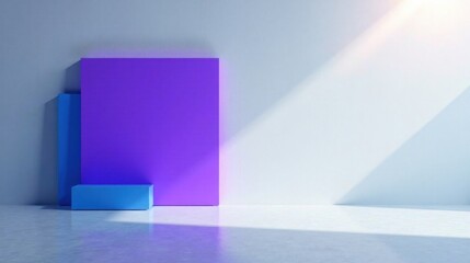 Obraz premium Abstract Minimalist Interior Scene with Purple and Blue Geometric Shapes and Sunlight