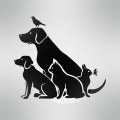 The silhouette artwork uses simple black and white to depict a variety of animals living together in harmony: a large dog, a small dog, a cat, a bird, a rabbit looking at a butterfly.