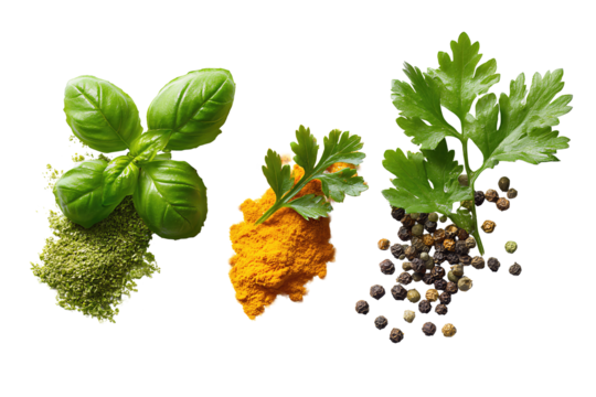 Culinary herb collage with basil, parsley and cilantro sprigs, paired with turmeric mound and peppercorns, arranged in a diagonal sweep, isolated on transparent background.