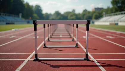 Empty hurdles lined up on a track field under the bright sunlight