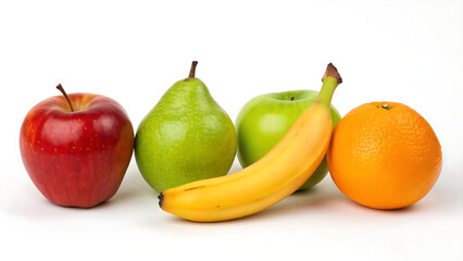 Colorful Fresh Fruits in a Row on White Background – Apple, Pear, Banana, Orange