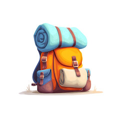 Orange camping backpack with rolled mat and pockets, adventurous
