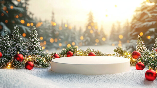 A white round podium next to fir branches and red baubles against a winter forest backdrop — a vibrant winter scene for Christmas advertising and banners