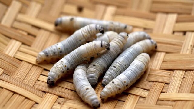 Close-up shot of several silkworm larvae on a textured bamboo surface