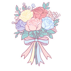 Pastel rose bouquet with ribbon, gentle romantic mood