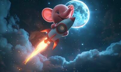 Naklejka premium a large fluffy pink elephant cartoon in space, flying a rocket with the moon in the background – in 3D 