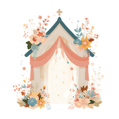 Church arch with drape and floral bouquet, gentle pastel