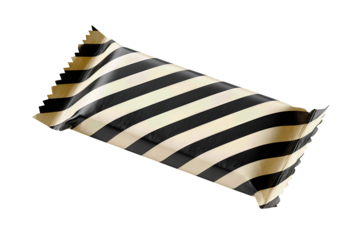 Generic candy bar wrapper in black-and-cream with bold diagonal stripes, zig-zag ends and mid-crinkle texture, isolated on transparent background.
