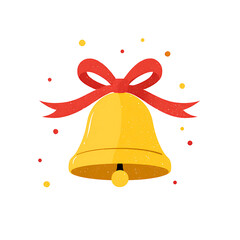 Golden bell with red ribbon and festive confetti