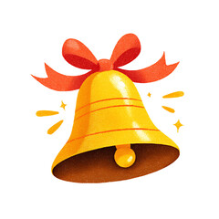 Golden bell with red ribbon and festive sparkles