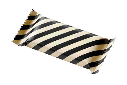 Generic candy bar wrapper in black-and-cream with bold diagonal stripes, zig-zag ends and mid-crinkle texture, isolated on transparent background.
