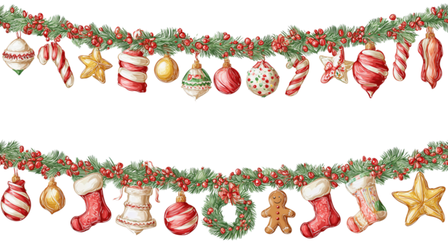 Festive garland with bulbs, candy cane, wreath, gingerbread, stocking and star, arranged in two staggered rows with flat shading, isolated on transparent background.
