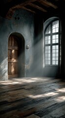 Fototapeta premium Dark room, sunlight, arched doorway