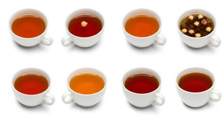 Aromatic tea collection: White cups with different types of colorful brewed tea