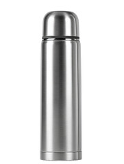 Satin steel vacuum bottle featuring screw cap and subtle brushed texture, durable and minimalist design, isolated on transparent background.
