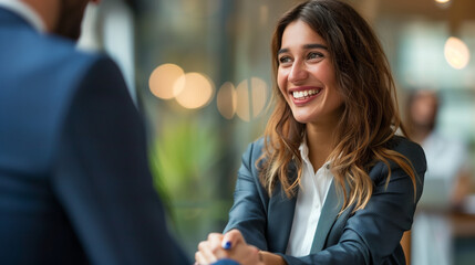 Smiling businesswoman manager broker handshaking businessman client at meeting. Smiling businesswoman manager broker handshaking businessman client customer at meeting, female saleswoman agent insurer