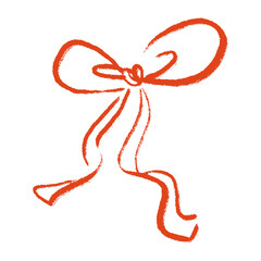 Playful orange red ribbon bow. Hand drawn sketch with loose, flowing lines. Bright decorative clipart for party invitations, holiday graphics, cheerful posters, kids projects, vector illustration