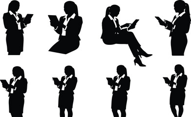 Businesswoman silhouette set, black, tablet interaction poses, skirt suit, vector, isolated, workplace technology bundle, office icons