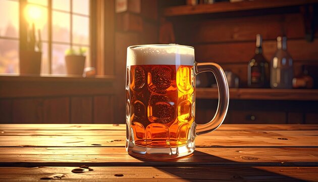 A frosty dimpled glass mug of golden beer sits on a rustic wooden table in a cozy pub with warm sunlight streaming through a window.