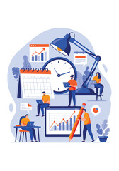 Naklejka premium Business team working on project charts and reports with a calendar and clock nearby.