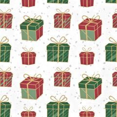Seamless Christmas Gift Pattern Design with Red and Green Wrapped Presents and Golden Bows. Christmas or New Year concept
