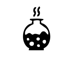 Alchemist's potion brewing in a black and white vector illustration of a bubbling glass container on transparent background