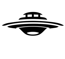 Stylized black and white vector graphic of a flying saucer or ufo on a clean on transparent background