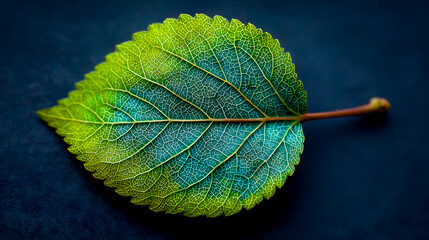 Close - up of Leaf with Gradient Colors on Blue - toned Background, Showing Vein Texture and Natural Microscopic Beauty