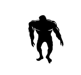 Silhouette of a mysterious bigfoot creature walking forward in a simple black and white design on transparent background