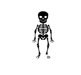 Simple black and white skeleton illustration standing on a plain on transparent background