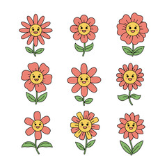 A delightful collection of nine adorable cartoon flowers with happy faces smiling brightly.