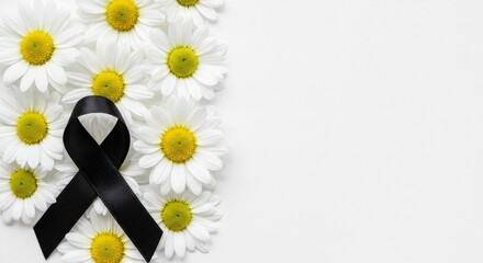 Floral sympathy card with daisies and black ribbon on white background