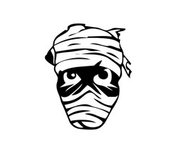 Cartoon mummy face with bandages and large eyes illustration on transparent background