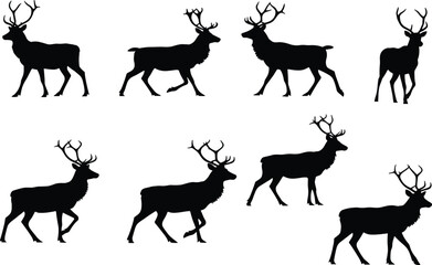 Deer silhouette set featuring antlered walking and standing poses with stylized anatomy and wildlife posture for nature design use