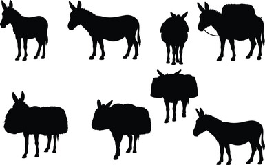 Donkey silhouette set featuring woolly coats, loaded backs, and varied standing poses with expressive posture for farm design use