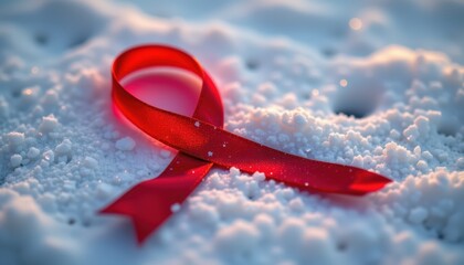 Symbolic photograph of red ribbon glowing faintly in snow like white background