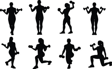 Dumbbell workout silhouette set, black, standing and lunging poses, fitness vector, isolated, strength training bundle, gym icons
