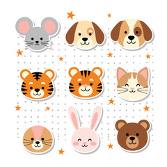 Fototapeta premium Collection of cute cartoon animal faces with starry accents.