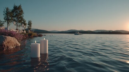 Lakeside sunset with floating candles