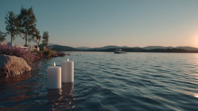Lakeside sunset with floating candles