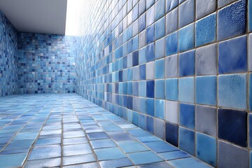 Blue tiled room with natural light and geometric pattern in contemporary design
